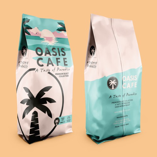 Roasted coffee packaging with the title 'OASIS CAFE COFFEE BEAN PACKAGING DESIGN'