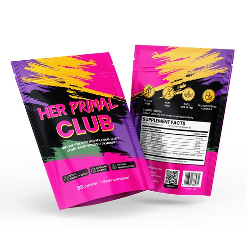 Stand-up pouch packaging with the title 'Vibrant Stand-Up Pouch Design for Her Primal Club Supplement'