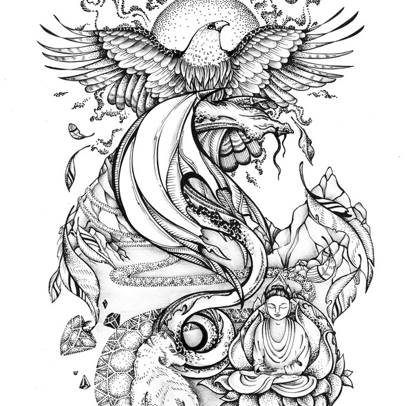 Dotwork design with the title 'Spiritual Journey Tattoo'