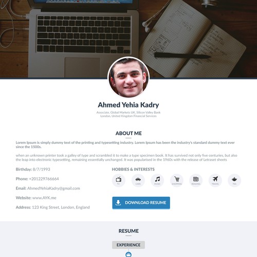 CV design with the title 'Winning design for One page resume website.'