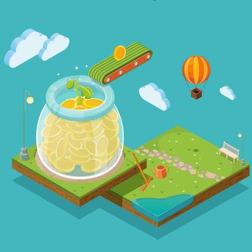 Isometric illustration with the title '3d Money Jar'