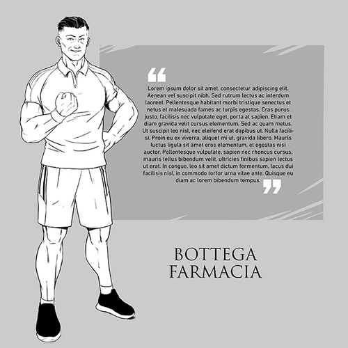 Comic book character artwork with the title 'bottega farmacia'