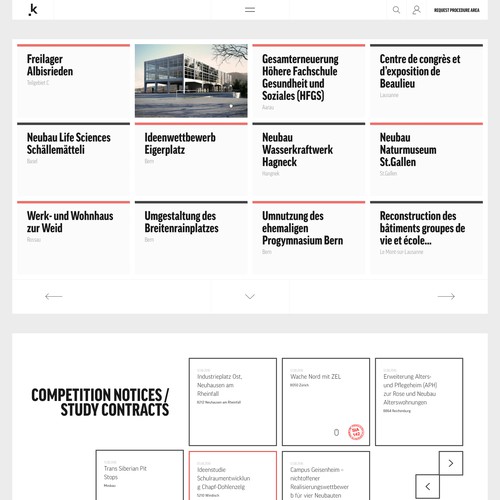 White website with the title 'A new layout for KONKURADO, the Swiss platform for architectural and engineering design competitions'