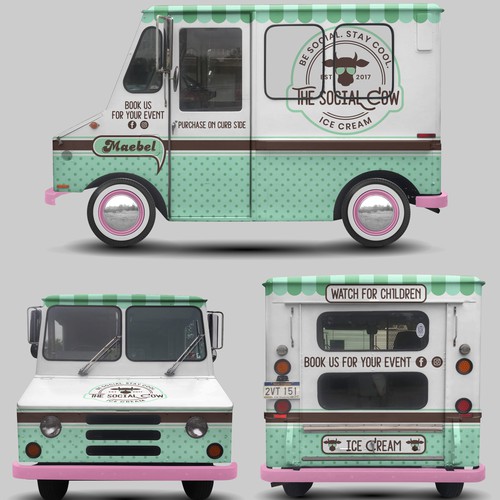 Food truck design with the title 'SOCIAL COW ice cream'
