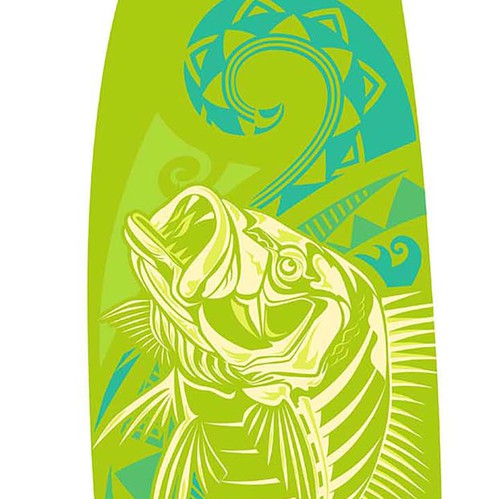 Paddle board design with the title 'padle board design with fish come out  from water in tribal art'