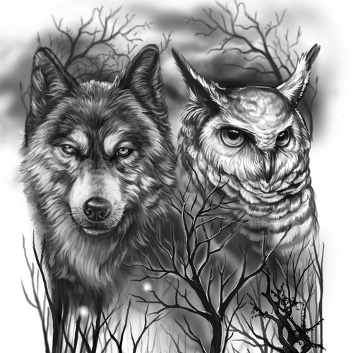 Sleeve design with the title 'owl wolf'