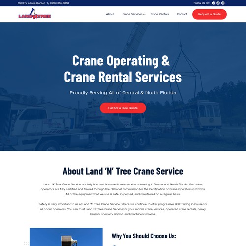 Construction website with the title 'Land 'N' Tree Crane Service'