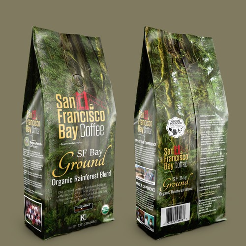Coffee packaging with the title 'SF Bay Organic Ground Rainforest.'