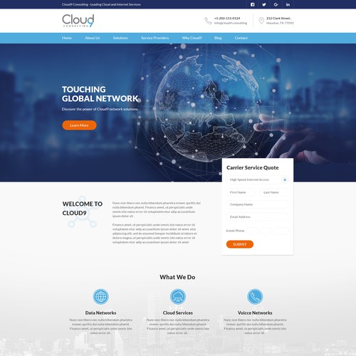 Cloud computing design with the title 'Clean and Modern Cloud Consulting Website'
