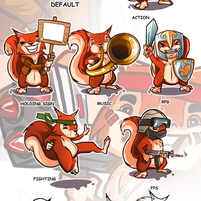 Create a cartoon red squirrel mascot for a PC game retailer