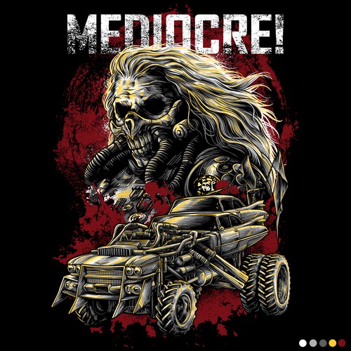 Hand-drawn t-shirt with the title 'MAD MAX - Edgy t-shirt design based on Max Mad Fury Road villain and car'