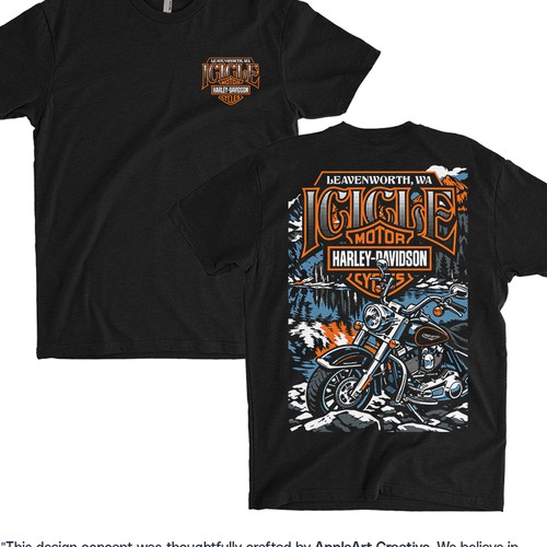 Simple t-shirt with the title 'Icicle Harley-Davidson Leavenworth, WA'