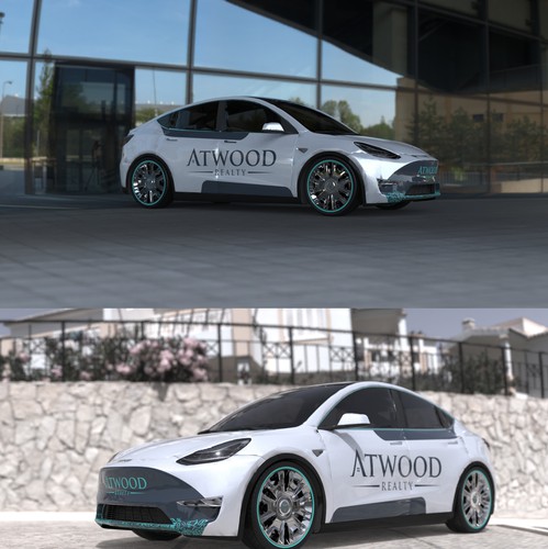 Tesla design with the title 'Car wrap - Atwood real estate'