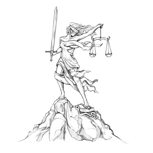 Sketch illustration with the title 'Lady Justice'