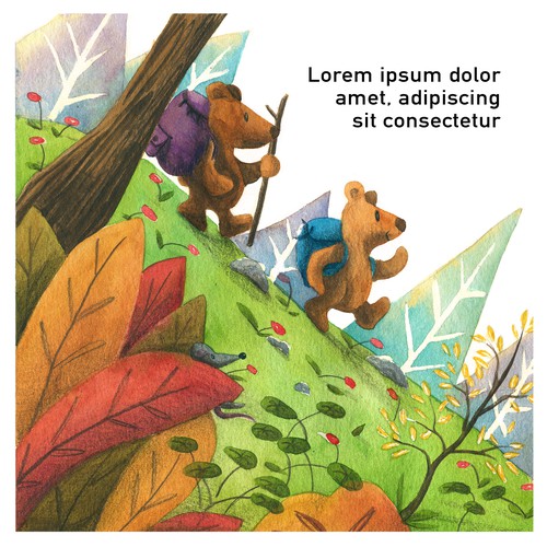 Bear illustration with the title 'Book illustration - bears hiking trip'