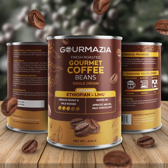 Tin packaging with the title 'Coffee Beans Packaging Design'