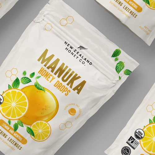 Bee design with the title 'Honey drops packaging for company based in New Zealand'