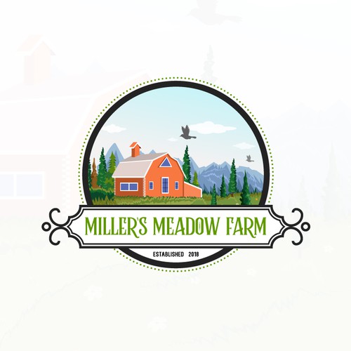 Farmhouse logo with the title 'Millers Meadow Farm Logo Design'