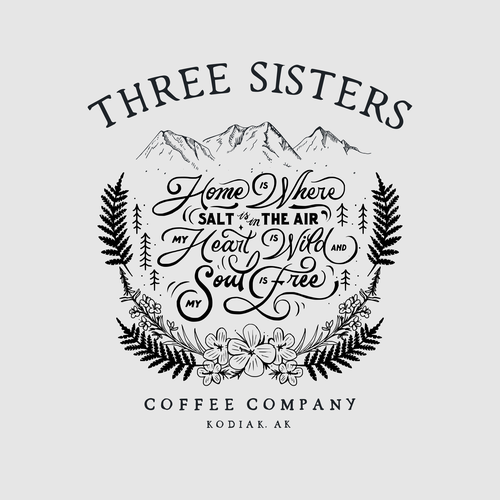 Calligraphy illustration with the title 'three sisters'