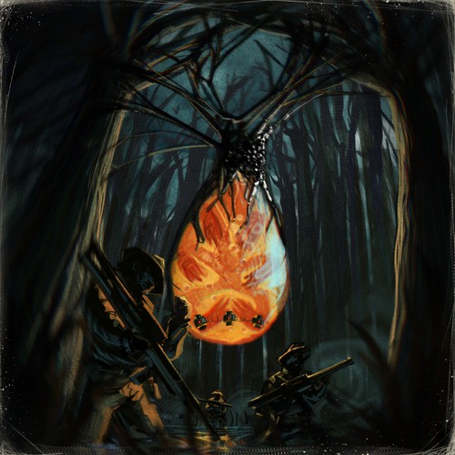 Horror artwork with the title 'military trying to destroy a mysterious creature inside an egg'