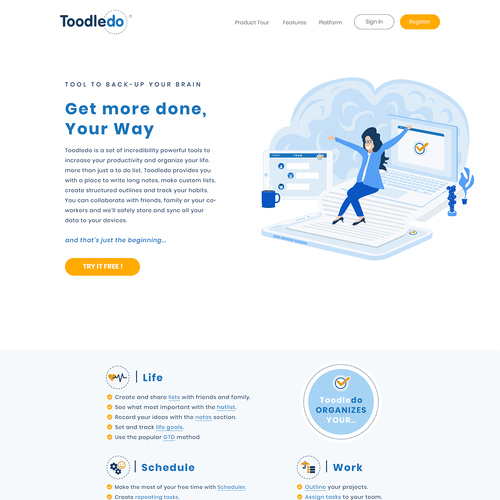 Startup website with the title 'Startup app web design for Toodledo'