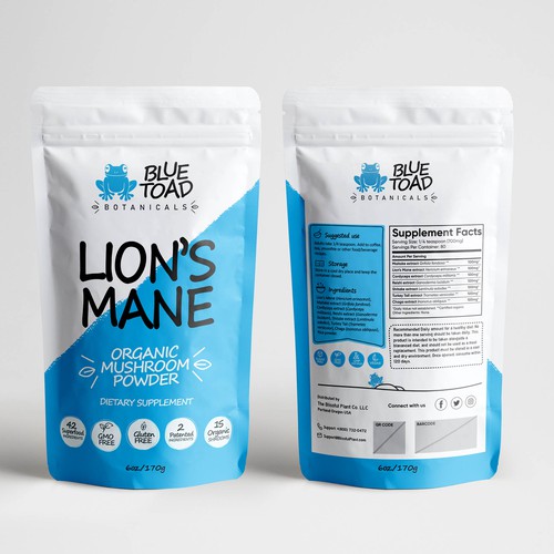 Blue packaging with the title 'Playful packaging for Mushroom powder.'