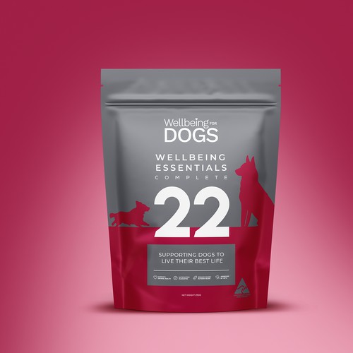 Dog food packaging with the title 'Wellbeing essentials complete 22'