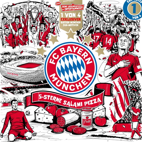 Creative artwork with the title 'FC Bayern München "5 Sterne Salami" Pizza'