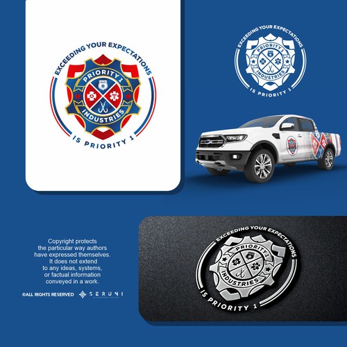 Metallic logo with the title 'emblem logo of priority 1 industries sample'