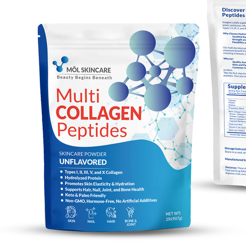 Scientific design with the title 'Sleek and Scientific: Packaging Design for Möl Skincare's Multi Collagen Peptides'