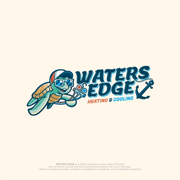 HVAC design with the title 'Fun and Catchy Sea Turtle Mascot Logo fo WATERS EDGE!'