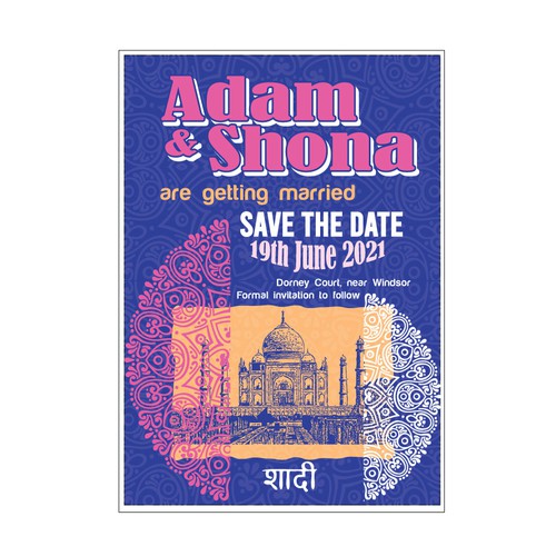 Save the date design with the title 'Adam & Shona Save the Date'