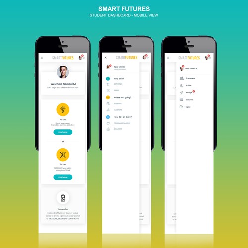 Education website with the title 'Smart Futures Dashboard Screen - Mobile View'