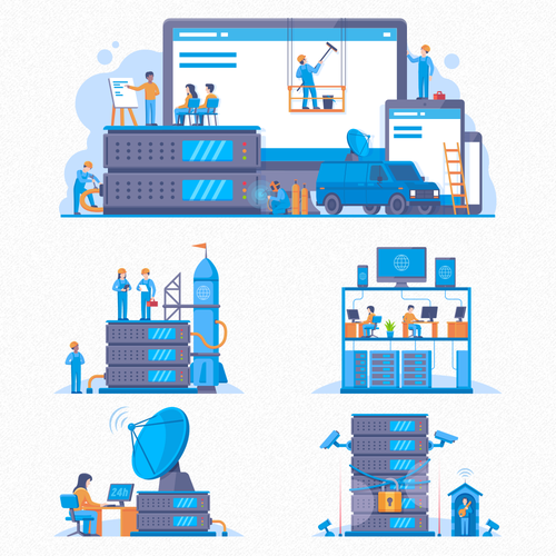 Icon artwork with the title 'Web Hosting Illustrations'