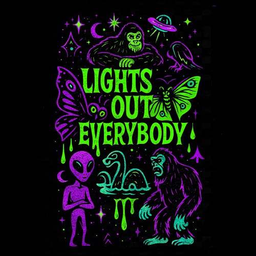 Alien design with the title 'Psychedelic Neon Cryptid Art Featuring Bigfoot, Aliens, UFOs & Mothman (This Design Is Available For Sale) '