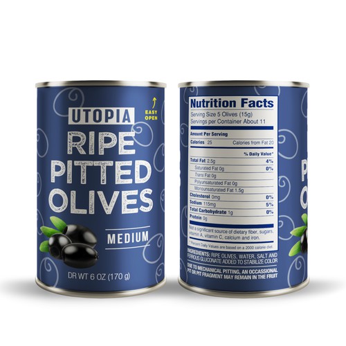 Tin packaging with the title 'Packaging design for ripe pitted olives'