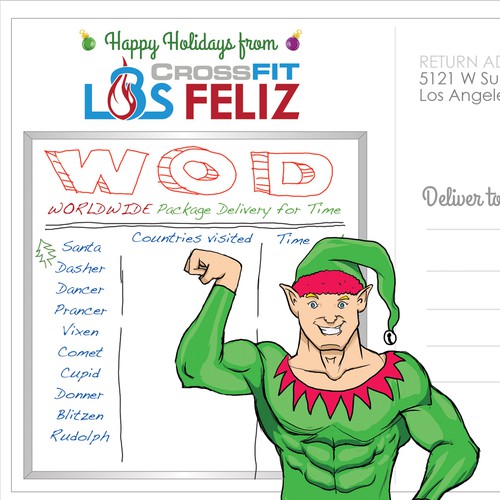 Elf design with the title 'Los Feliz Crossfit Gym Christmas Postcard'