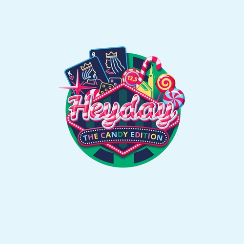 Slot machine logo with the title 'Heyday, the candy edition'