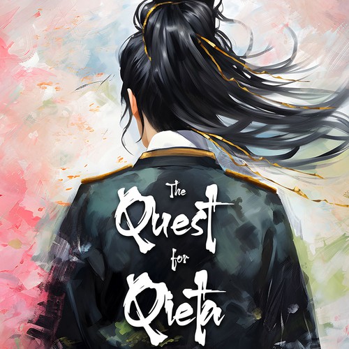 Digital art book cover with the title 'The Quest for Qieta - Book cover illustration'