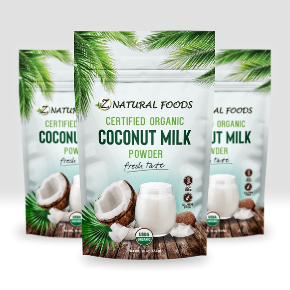 Healthy food packaging with the title 'Organic Coconut Milk powder'