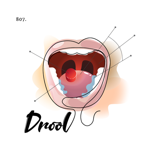 Scientific design with the title 'Temporary relief from dry mouth logo for an herbal lozenge named "drool"'