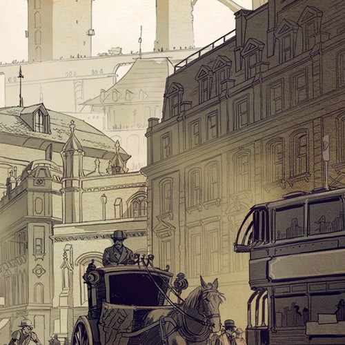 Steampunk artwork with the title 'The Streets'