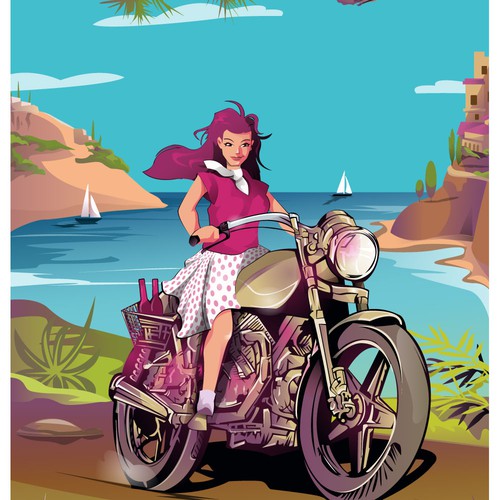 Colorful artwork with the title ' girl on the motobike'