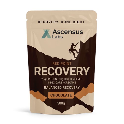 Bag label with the title 'Label design of a nutritional supplement for climbers'