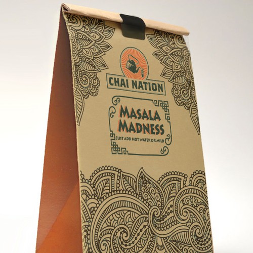 Paper bag packaging with the title 'CHAI TEA NEEDS  PACKAGING DESIGN '