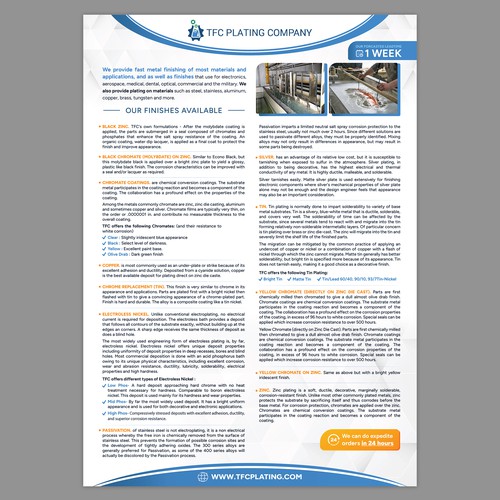 Manufacturing design with the title 'Electroplating Company Line Card'