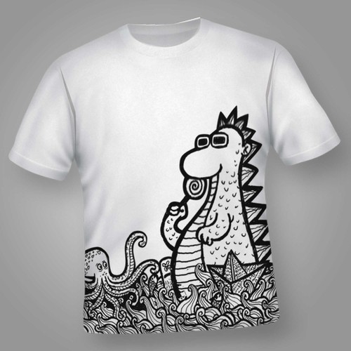 Doodle design with the title 'Dino in the sea'