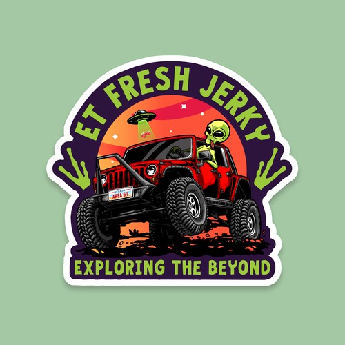 UFO design with the title 'ET Fresh Jerky Sticker - Exploring The Beyond'