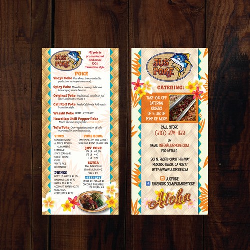 Hawaiian design with the title 'Hawaiian to go menu for Jus' Poke'