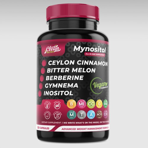 Pills packaging with the title 'Clean nutra Mynositol label design'